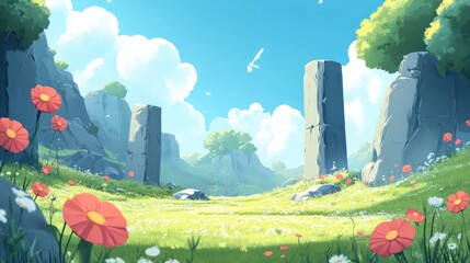 Poster - A beautiful, serene landscape with a large field of red flowers