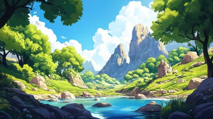 Poster - A beautiful landscape with a river and mountains in the background