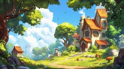 Poster - A house with a white roof and a red roof sits in a lush green field
