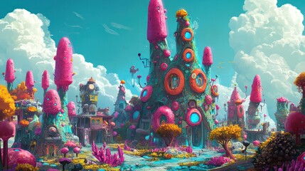Poster - A colorful, fantastical cityscape with pink and orange buildings and trees