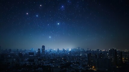 A cityscape at night, with an octuple star system visible in the sky.