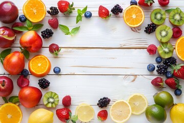 Banner with Flat lay of fruits over white wooden background, top view. Vegetarian, vegan, dieting, clean eating, weight loss ingredients. Summer fruit food background. Copy space