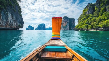 Wall Mural - A colorful long-tail boat sailing through the islands.