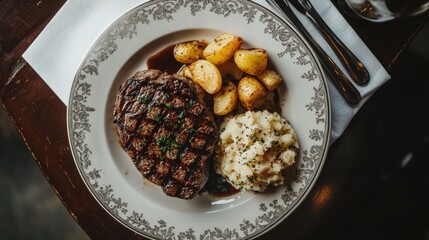 Poster - A damask tablecloth with a plate of steak and potatoes.