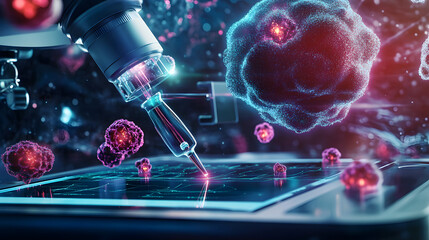 Poster - Conceptual image of a digital biopsy tool with advanced imaging and analysis, showcasing advancements in cancer diagnostics and research.