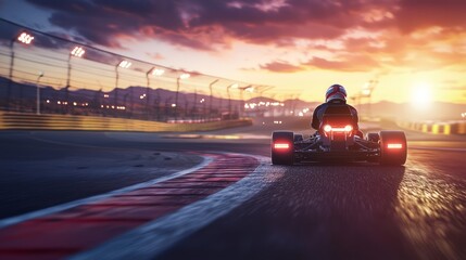 Dynamic Go-Kart Racing Scene at Dusk with Dramatic Headlights Illuminating Track