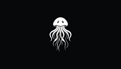 Wall Mural - Irukandji Jellyfish in Deep Ocean – White Outline, Black Background