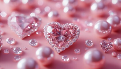 Wall Mural - Sparkling pink heart-shaped gems and pearls on a soft background.