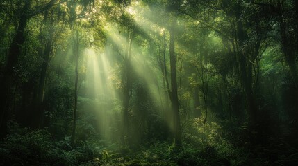 Canvas Print - A dense, dark forest with sunlight filtering through the canopy.