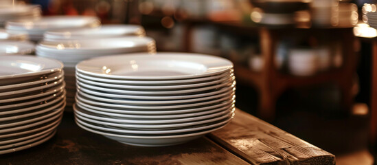 Closeup clean plates stack on a table ready for eating