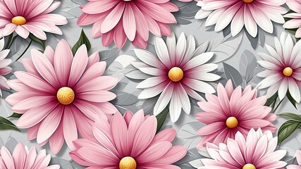 Wall Mural - base xl pretty pink theme flowers on light gray background, egg mosaic style