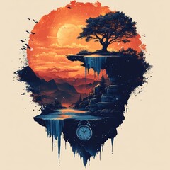 Sticker - Surreal landscape with a tree, clock, and vibrant sunset.