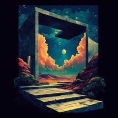 Canvas Print - Surreal landscape with cosmic elements and geometric structures.