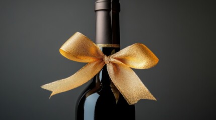 A gold ribbon tied around a bottle of wine