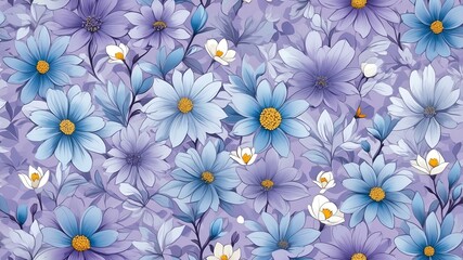 Wall Mural - base xl pretty blue theme flowers on light purple background, egg mosaic style