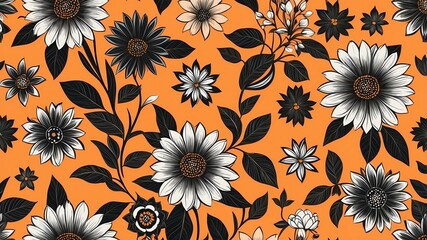 Sticker - base xl pretty black theme flowers on light orange background, egg mosaic style