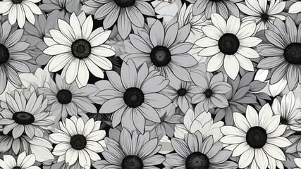 Wall Mural - base xl pretty black theme flowers on light gray background, egg mosaic style