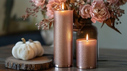 Poster - A pink gold candlestick with a shimmering metallic finish