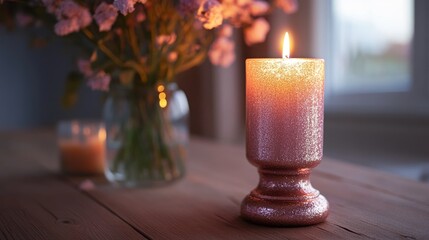 Poster - A pink gold candlestick with a shimmering metallic finish