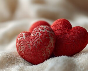 Sticker - Three decorative red hearts on a soft background.