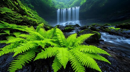 A lush green fern grows beside a waterfall and creek, adding life to the peaceful scene.