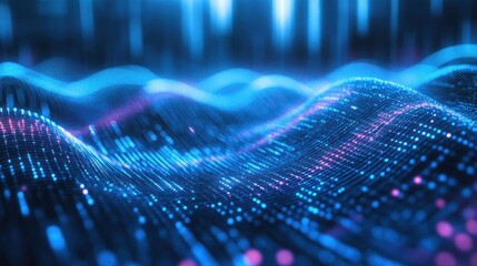 Poster - technology digital wave background with stunning motion waving dots texture and glowing defocused particles. Background for technology concept.