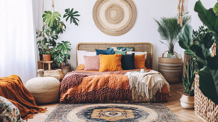 Wall Mural - A bright and eclectic Boho-chic bedroom featuring colorful throw pillows, a woven rug, potted plants, and a rattan headboard, surrounded by minimalist decor