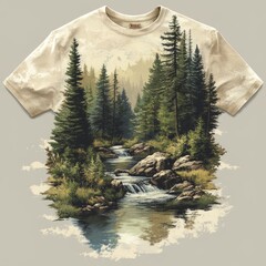 Sticker - T-shirt design featuring a serene forest and river landscape.