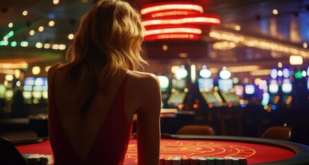 A woman sits at a casino table in Las Vegas during the evening hours