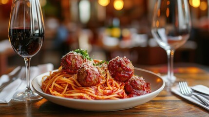 Wall Mural - A table with a plate of spaghetti and meatballs.