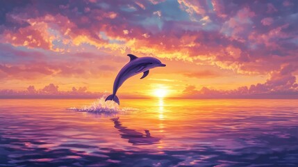 A vibrant sunset over a calm ocean, with a dolphin jumping out of the water.