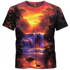 Sticker - T-shirt with a vibrant waterfall and sunset design.