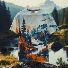 Sticker - T-shirt with a vibrant mountain landscape design.