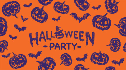 Poster - Halloween Party, pumpkin, bat, pattern on orange background, hand drawn illustrations	
