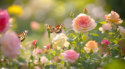 Sticker - A rose garden in full bloom, alive with the motion of bees and butterflies enjoying the warm summer day