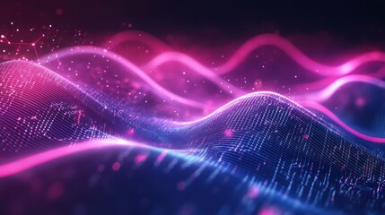 Poster - technology digital wave background with stunning motion waving dots texture and glowing defocused particles. Background for technology concept.