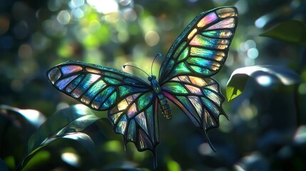 Sticker - fantastical butterfly with iridescent geometrically patterned wings perched in an enchanted garden 3drendered creature casts an intricate shadow blending natural beauty with surreal artistry