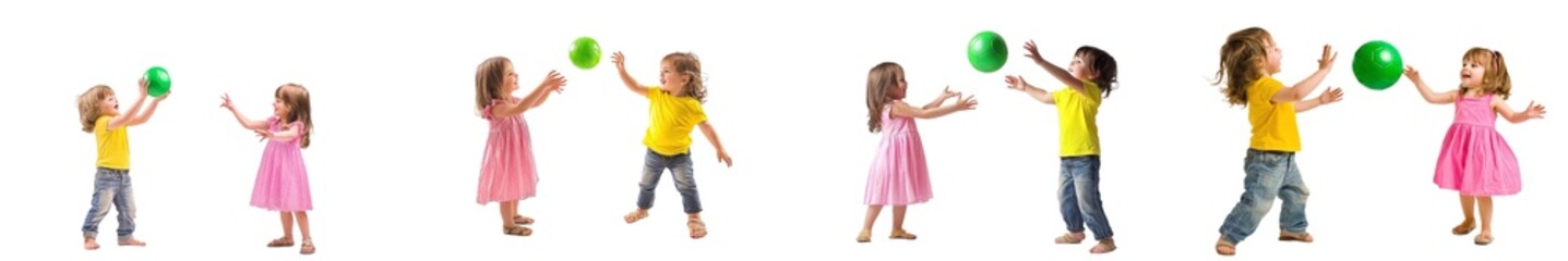 various views of two cheerful kids throwing and catching balls on a white background. two beautiful 