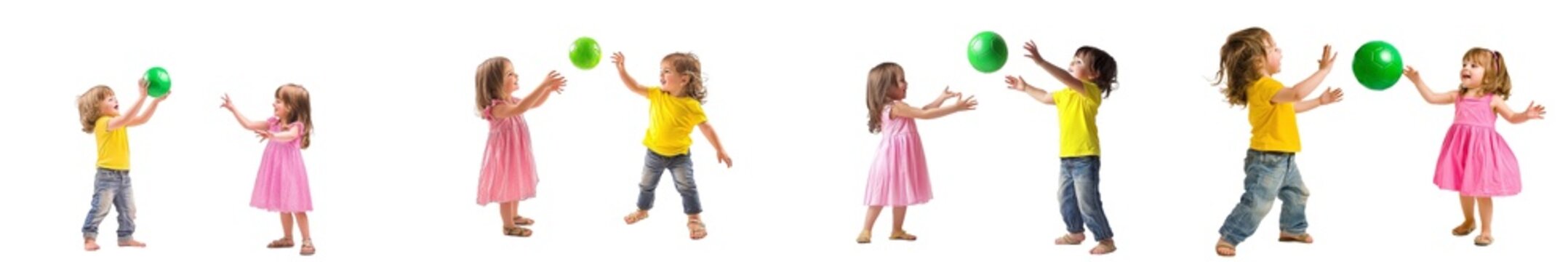 Various views of two cheerful kids throwing and catching balls on a white background. Two beautiful sisters playing and laughing together.