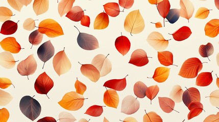 Abstract pattern of scattered fall foliage on a solid light gray background.