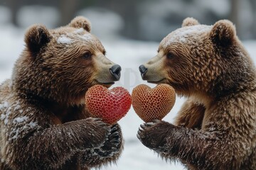 Canvas Print - Two bears holding heart-shaped honeycombs in a snowy setting.