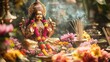 © Matcha_09 - Goddess Lakshmi idol surrounded by colorful flowers and incense sticks