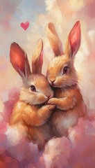 Wall Mural - Two cute rabbits embracing in a dreamy, colorful background.