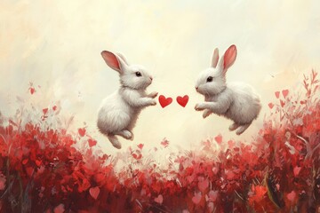 Sticker - Two cute rabbits exchanging hearts in a floral setting.