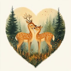 Canvas Print - Two deer in a heart shape, surrounded by trees and flowers.