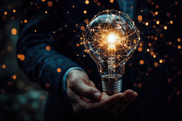 Aufkleber - Businessman holding light bulb connected with network inside concept for idea innovation and inspiration