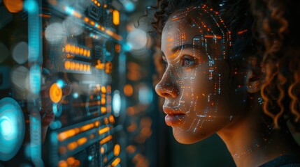 A young girl in a digital office with a double image of a futuristic network interface and a hologram. The concept of the Internet and communication