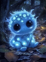 Poster - A cute little blue creature with glowing patterns on its body, resembling an insect or snail, is seen in the dark forest 