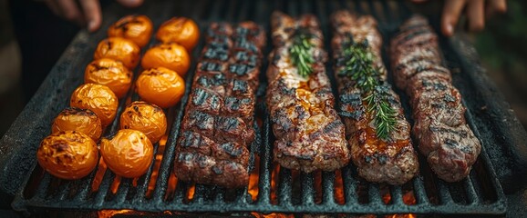 Grilled Meat and Tomatoes on a Barbecue Grill