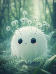 Wall Mural - A cute little white translucent slime creature with black eyes and fluffy hair, with small dandelions growing on its head, standing in the forest.